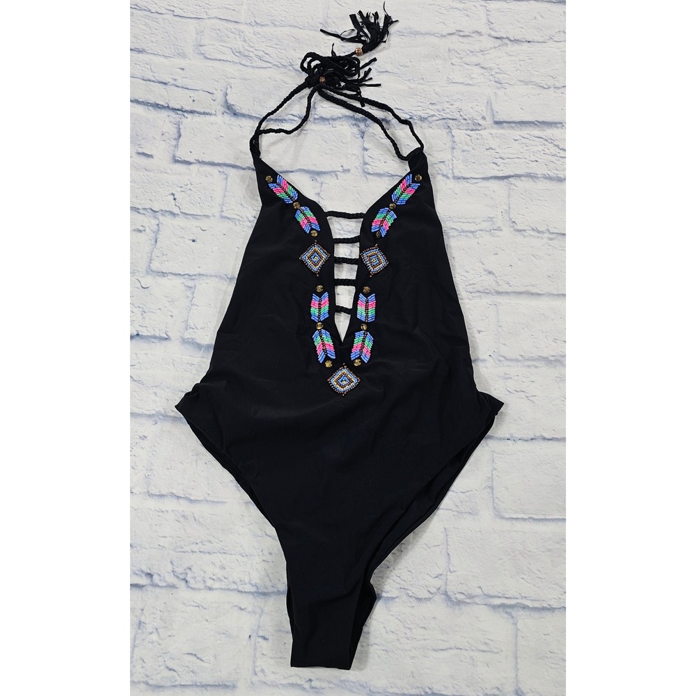 Eco Peace Beaded One Piece Swimsuit Womens Small Black Caged Halter Boho Tribal